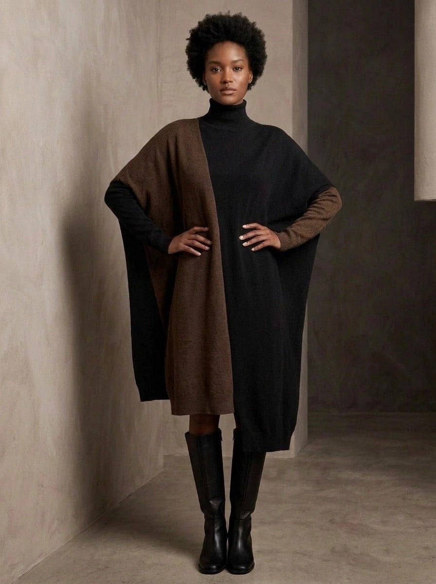 Black & Brown Asymmetric Oversized Turtleneck Pullover