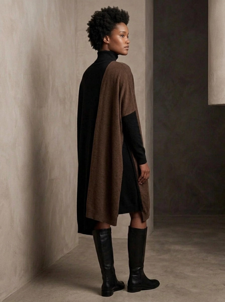 Black & Brown Asymmetric Oversized Turtleneck Pullover