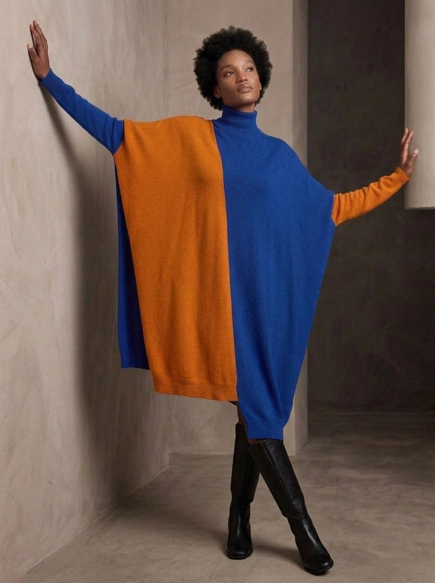 Cobalt Blue & Orange Asymmetric Oversized Turtleneck Pullover-SimpleModerne