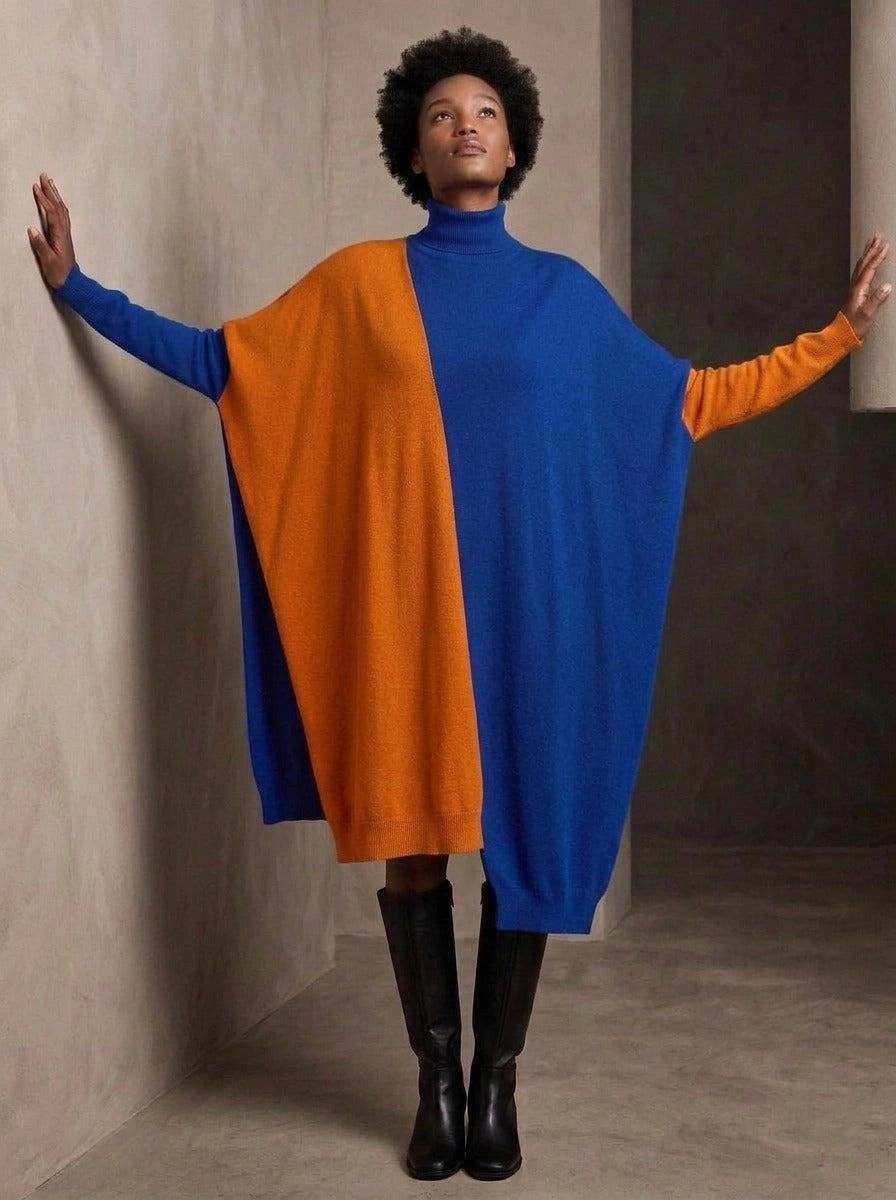 Cobalt Blue & Orange Asymmetric Oversized Turtleneck Pullover-SimpleModerne