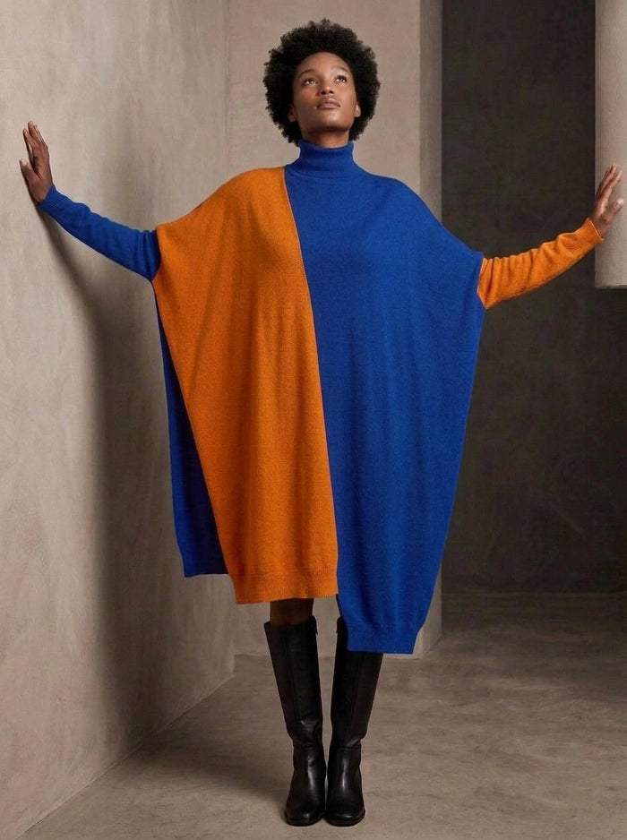 Cobalt Blue & Orange Asymmetric Oversized Turtleneck Pullover-SimpleModerne