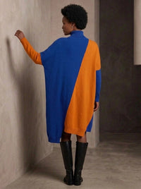 Cobalt Blue & Orange Asymmetric Oversized Turtleneck Pullover-SimpleModerne