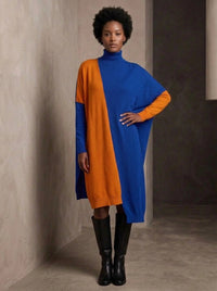 Cobalt Blue & Orange Asymmetric Oversized Turtleneck Pullover-SimpleModerne