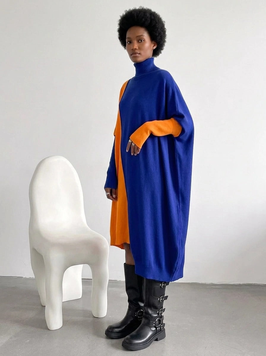 Cobalt Blue & Orange Asymmetric Oversized Turtleneck Pullover-SimpleModerne