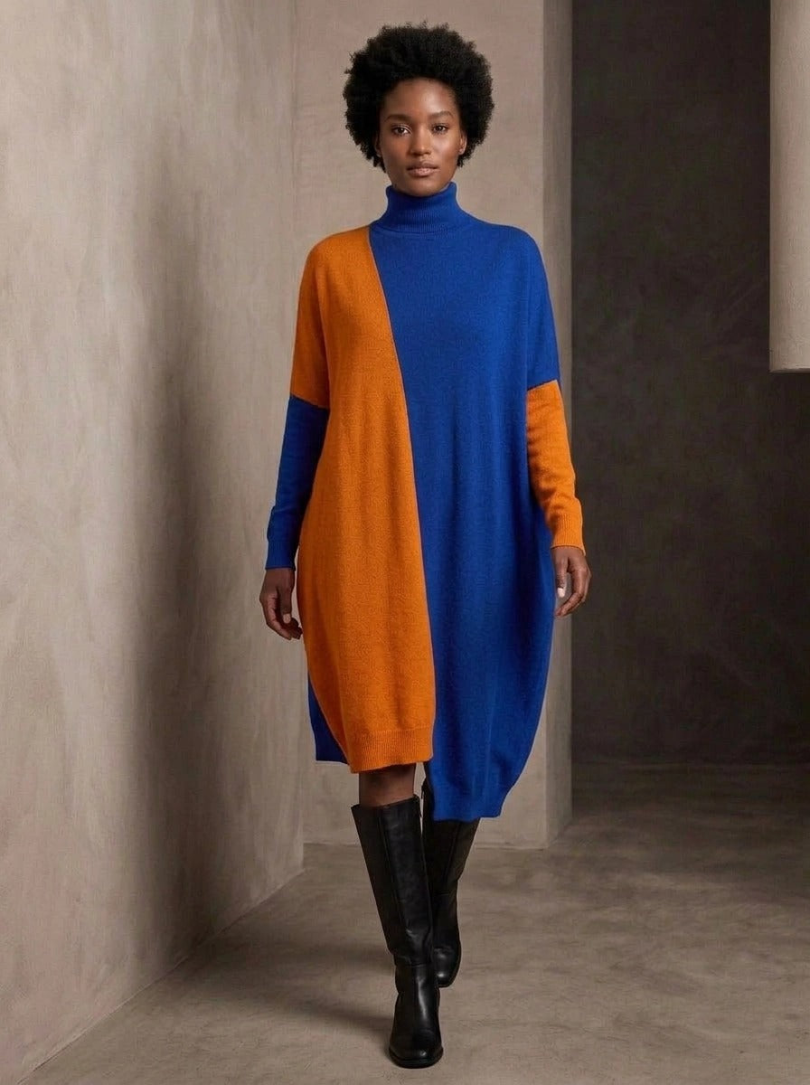 Cobalt Blue & Orange Asymmetric Oversized Turtleneck Pullover-SimpleModerne