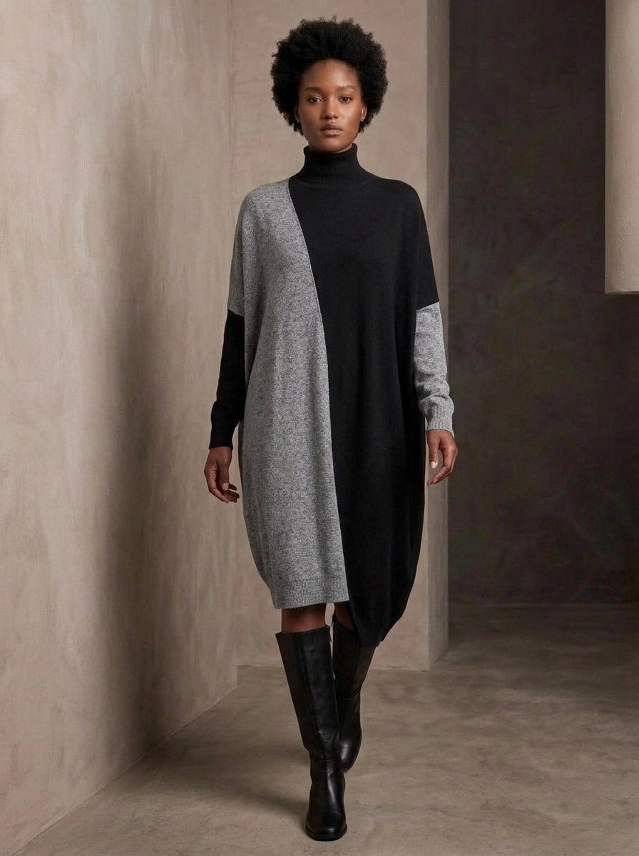 Black & Grey Asymmetric Oversized Turtleneck Pullover-SimpleModerne