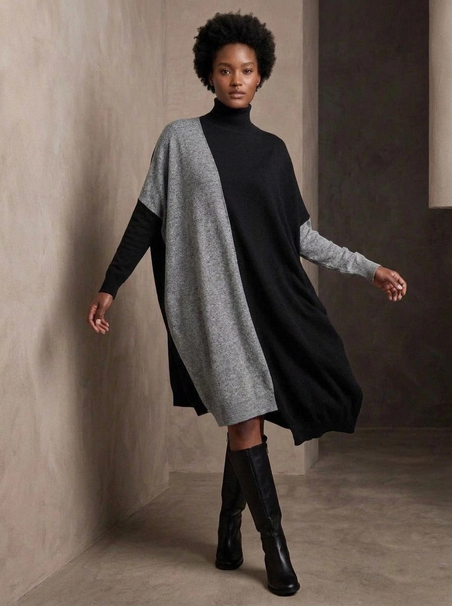 Black & Grey Asymmetric Oversized Turtleneck Pullover-SimpleModerne