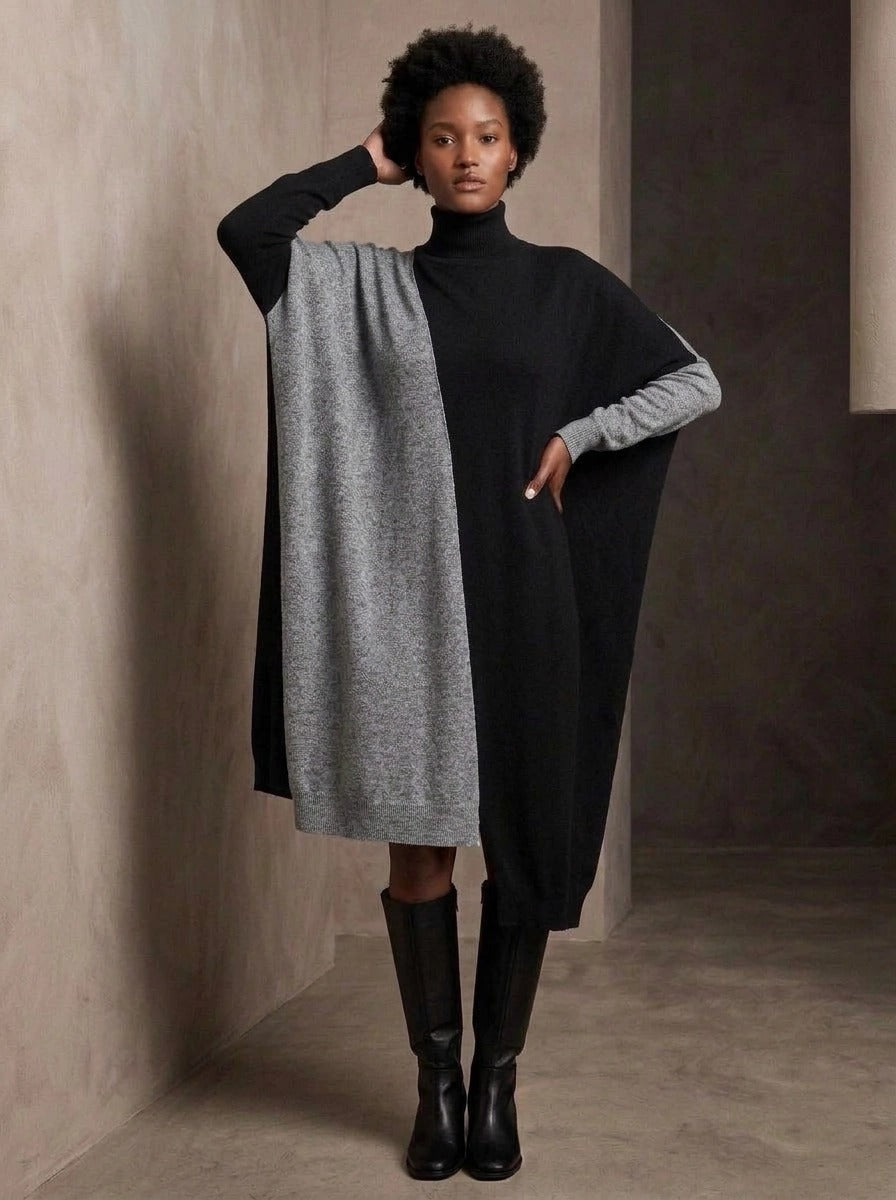 Black & Grey Asymmetric Oversized Turtleneck Pullover-SimpleModerne
