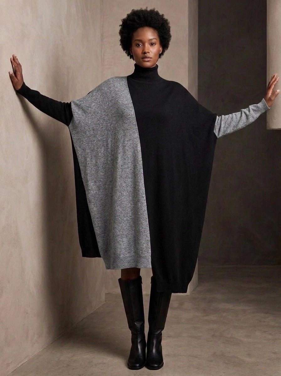 Black & Grey Asymmetric Oversized Turtleneck Pullover-SimpleModerne