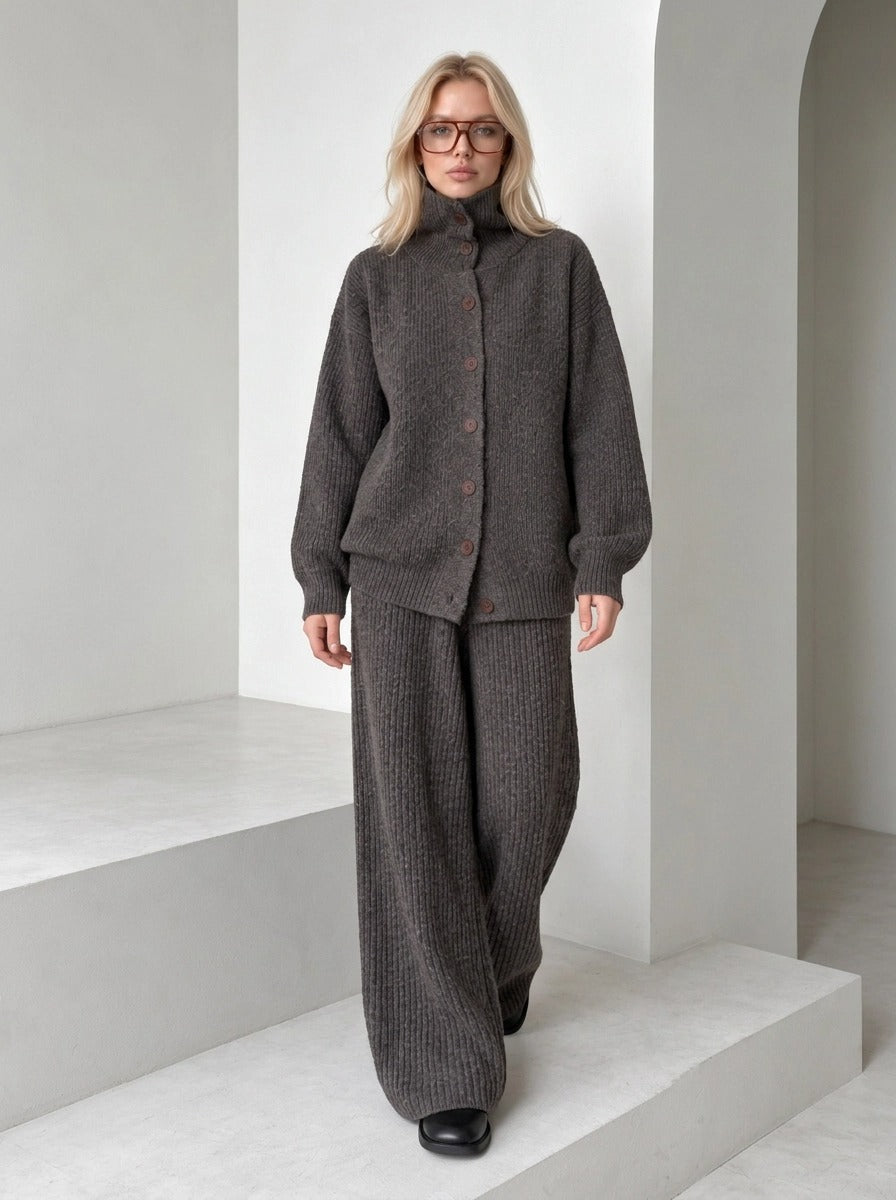 Coffee Brown Knitted Cardigan & Wide-Leg Trousers Set
