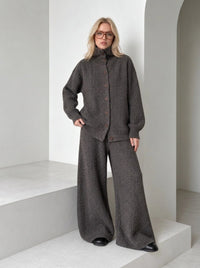 Coffee Brown Knitted Cardigan & Wide-Leg Trousers Set