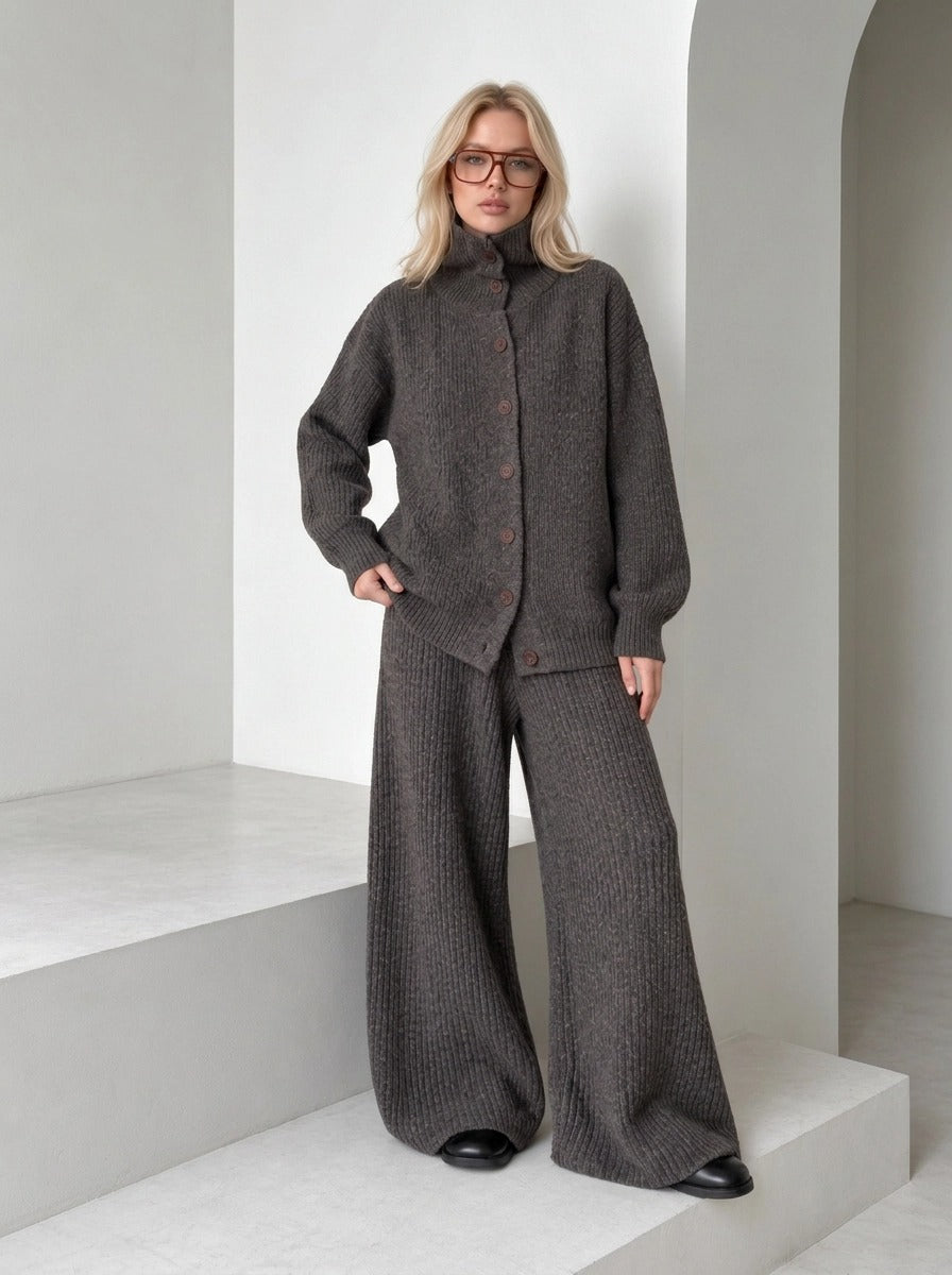 Coffee Brown Knitted Cardigan & Wide-Leg Trousers Set