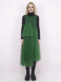 Green Mesh Asymmetric Layered Midi Dress