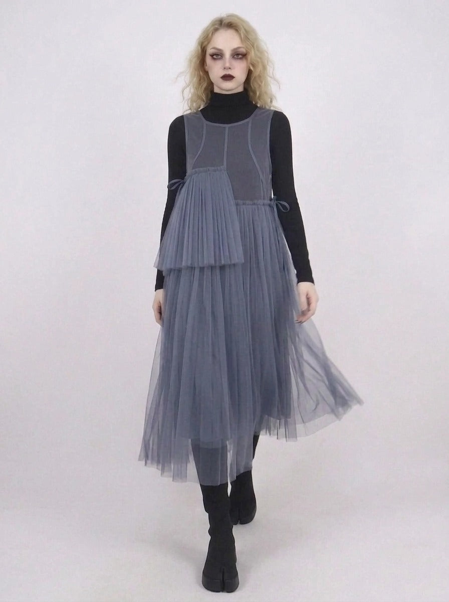 Cobalt Blue Mesh Asymmetric Layered Midi Dress