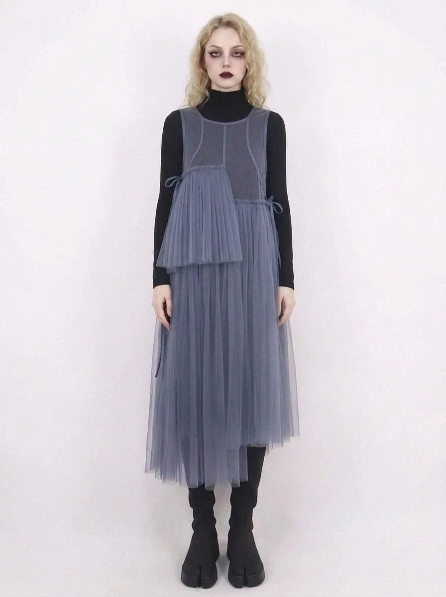 Cobalt Blue Mesh Asymmetric Layered Midi Dress