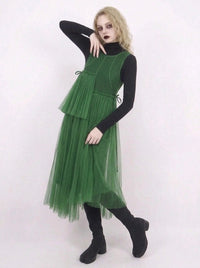 Green Mesh Asymmetric Layered Midi Dress