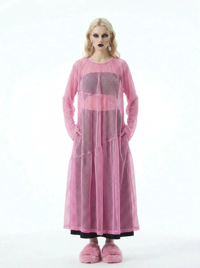 Sheer Mesh Overlay Dress – Pink Statement Layer-SimpleModerne