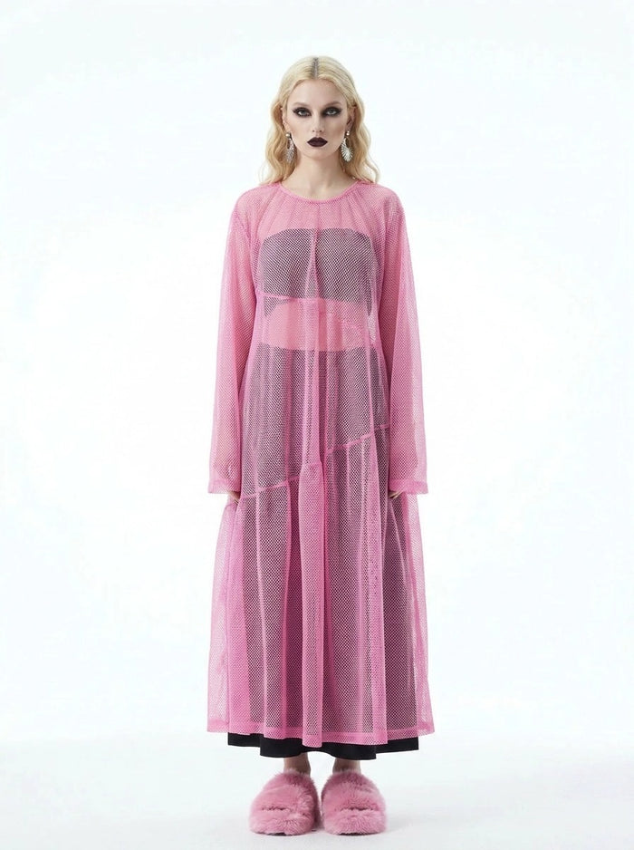 Sheer Mesh Overlay Dress – Pink Statement Layer-SimpleModerne