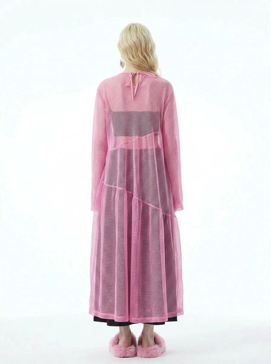 Sheer Mesh Overlay Dress – Pink Statement Layer-SimpleModerne