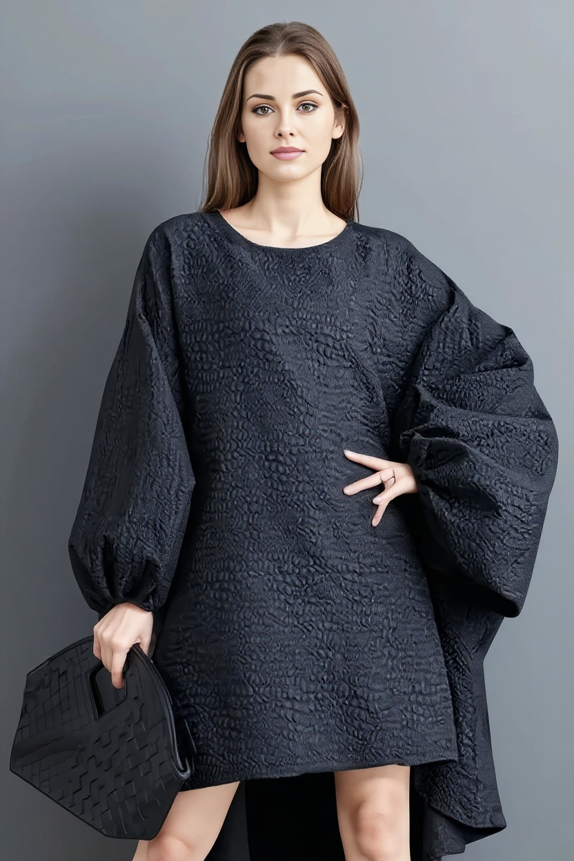 Oversized Lantern Sleeve Dress with Asymmetrical Hemline – Gothic Inspired Minimalism-SimpleModerne