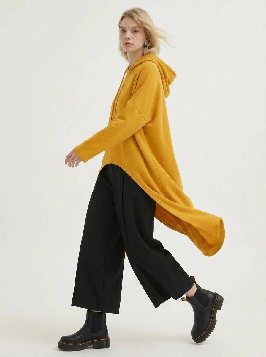 Mustard Asymmetric Hooded Pullover-SimpleModerne