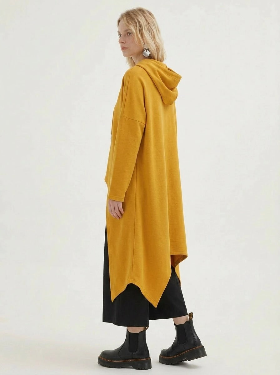 Mustard Asymmetric Hooded Pullover-SimpleModerne