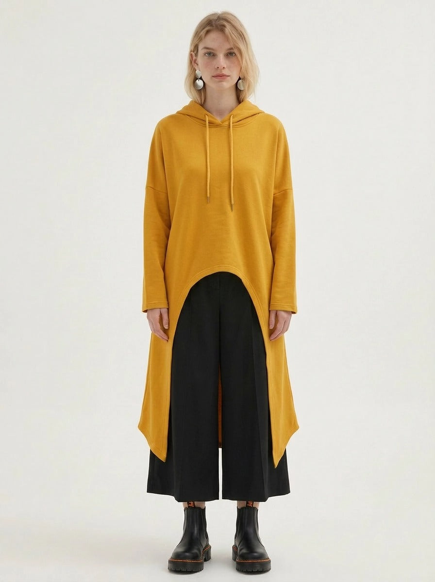 Mustard Asymmetric Hooded Pullover-SimpleModerne