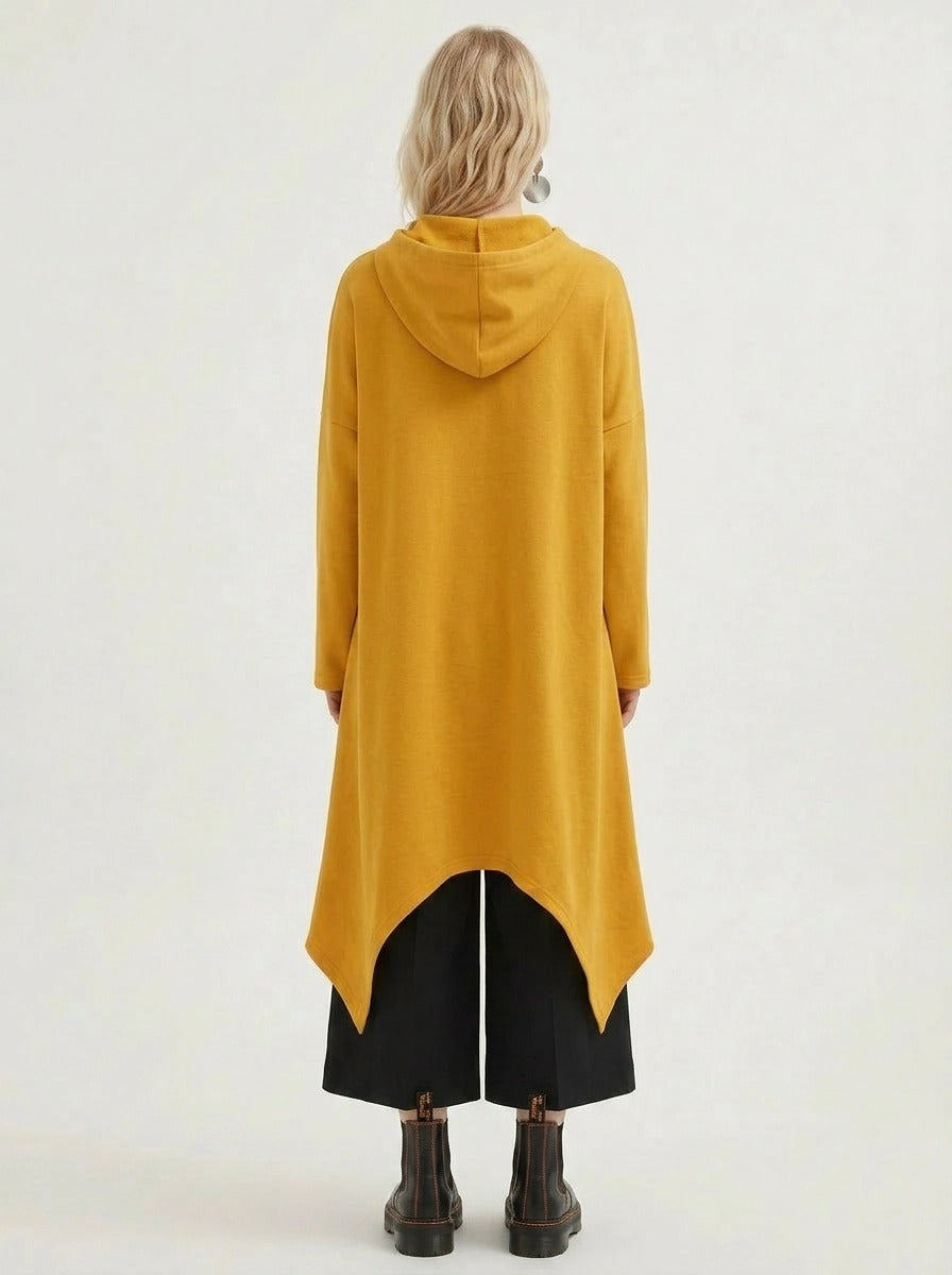 Mustard Asymmetric Hooded Pullover-SimpleModerne