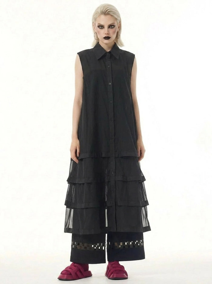 Layered Mesh Sleeveless Shirt-Dress – Available in White, Mint Green, and Black