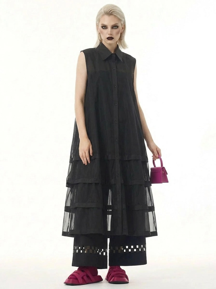 Layered Mesh Sleeveless Shirt-Dress – Available in White, Mint Green, and Black-SimpleModerne