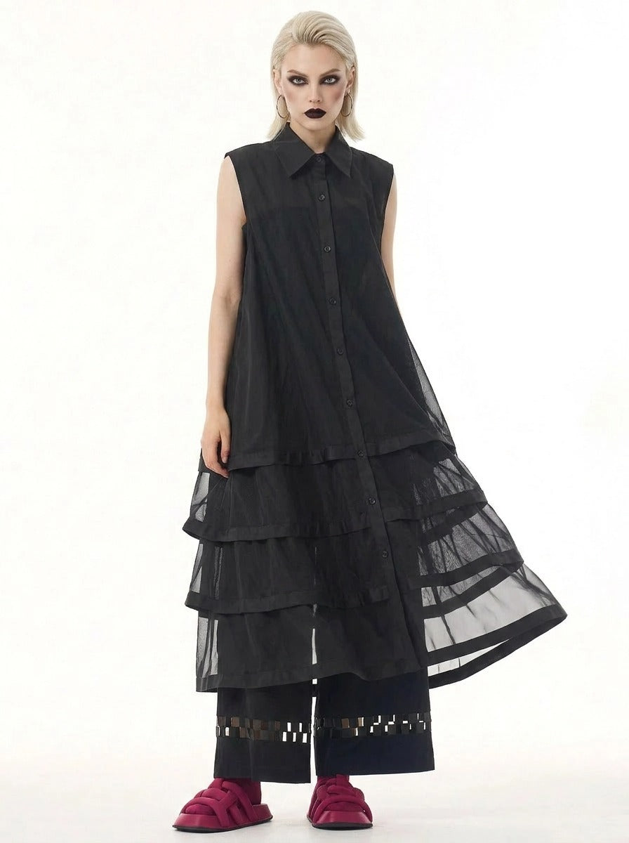 Layered Mesh Sleeveless Shirt-Dress – Available in White, Mint Green, and Black-SimpleModerne