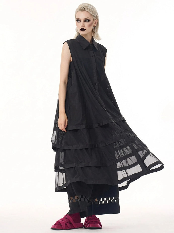 Layered Mesh Sleeveless Shirt-Dress – Available in White, Mint Green, and Black