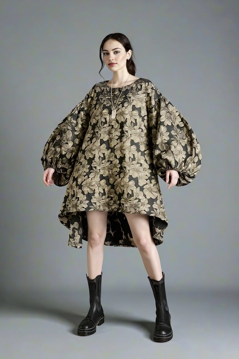 Baroque Floral Brocade Mini Dress with Dramatic Puffed Sleeves-SimpleModerne