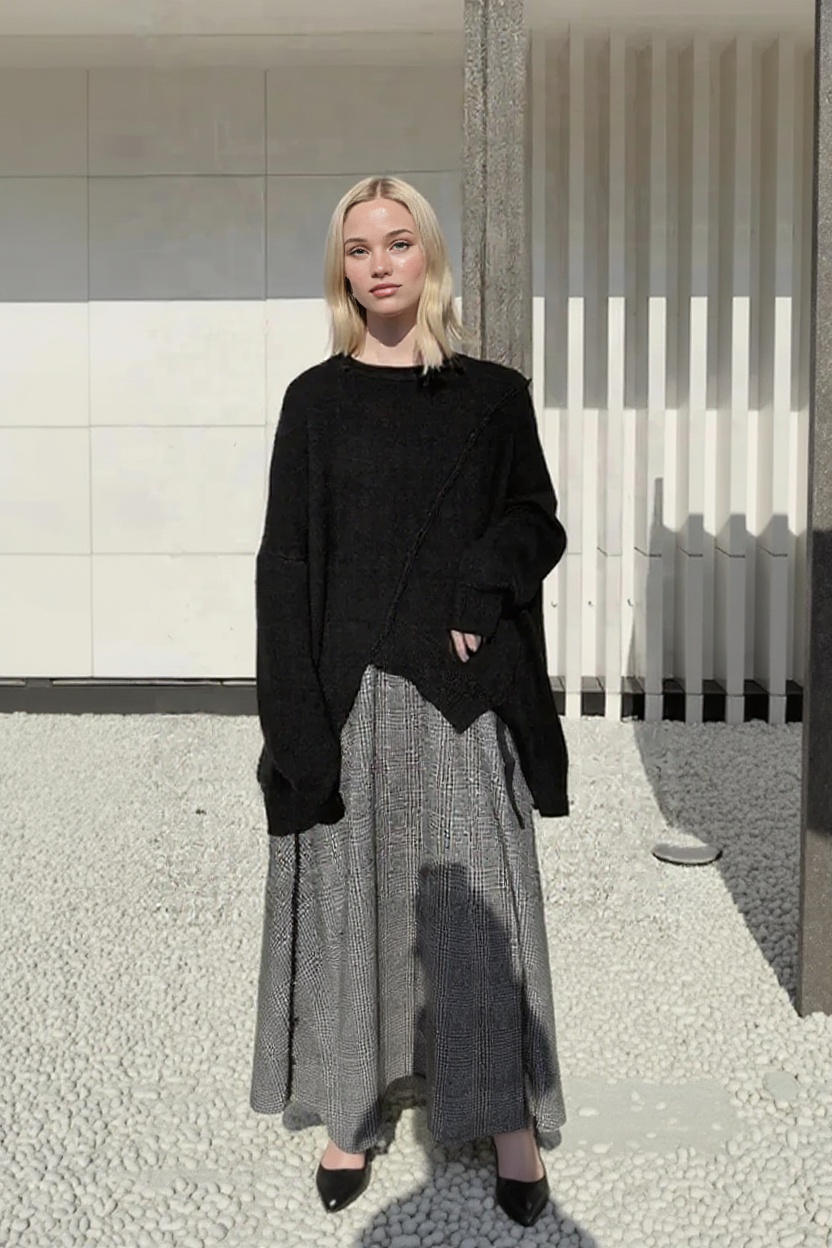 Oversized Black Knit Sweater – Asymmetrical Hem & Raglan Sleeves-SimpleModerne