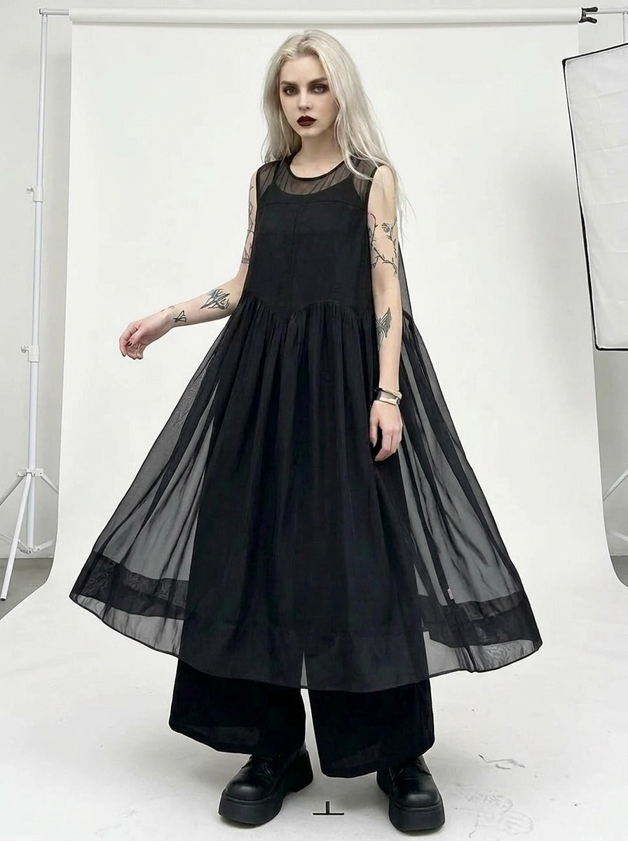 Layered Elegance: Sheer Black Gothic-Inspired Overlay Dress-SimpleModerne