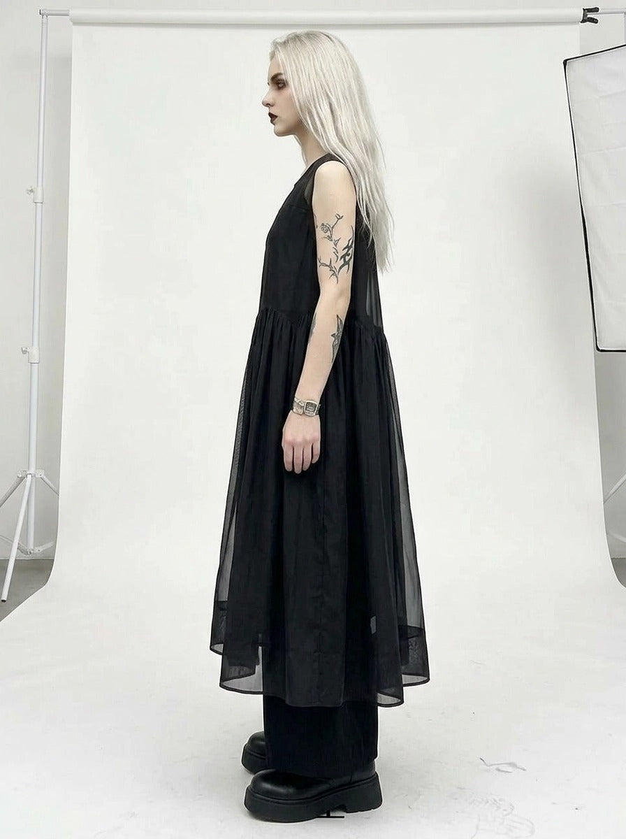Layered Elegance: Sheer Black Gothic-Inspired Overlay Dress-SimpleModerne