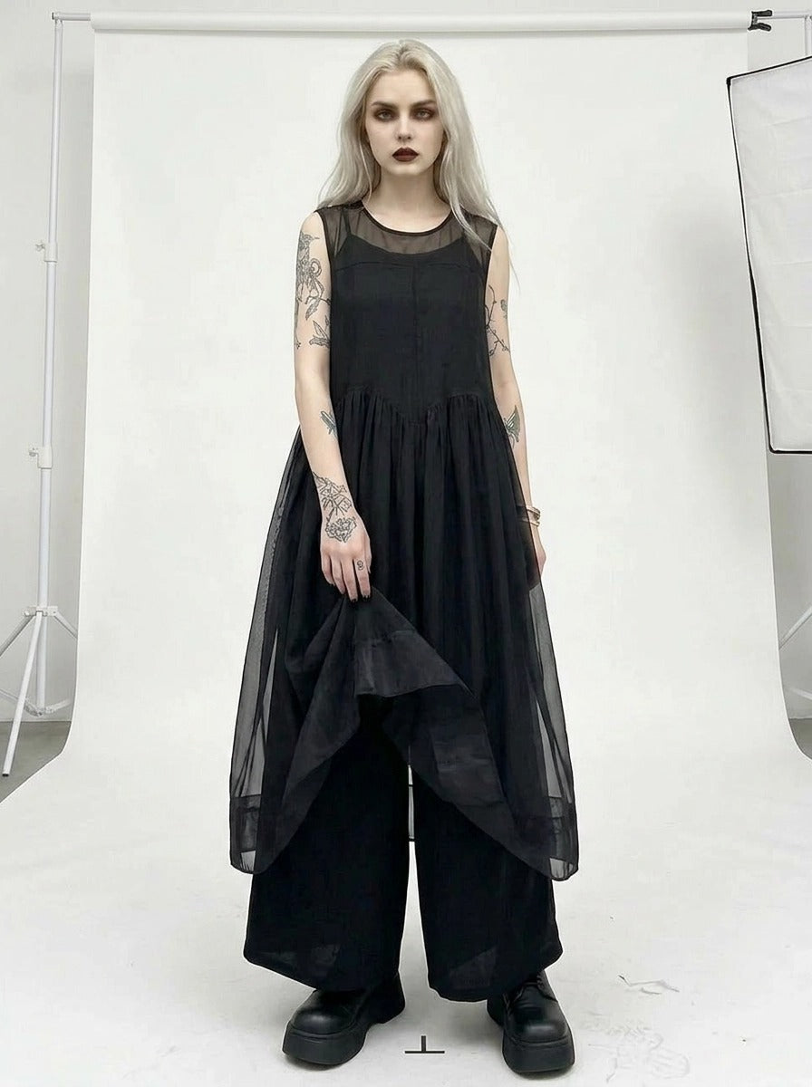 black dress with sheer overlay MANGO - ECKHAUS LATTA - Semi-sheer paneled overlay dress Black