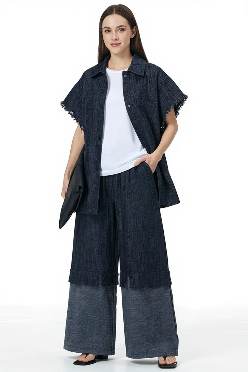 Oversized Frayed Sleeve Denim Shirt – Edgy Vintage Layer-SimpleModerne