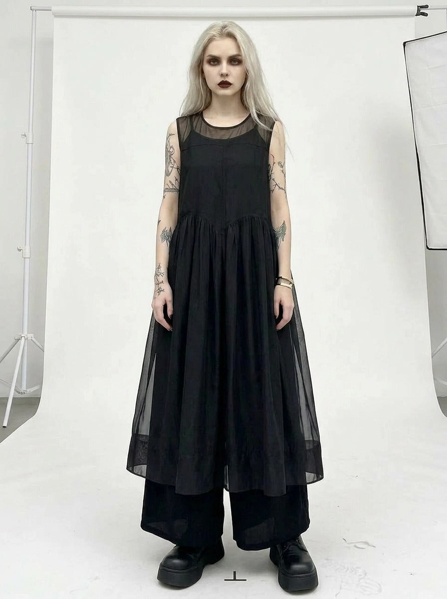 Layered Elegance: Sheer Black Gothic-Inspired Overlay Dress-SimpleModerne