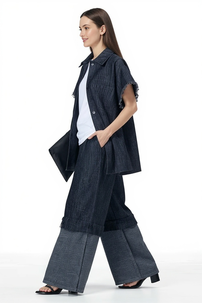 Oversized Frayed Sleeve Denim Shirt – Edgy Vintage Layer-SimpleModerne