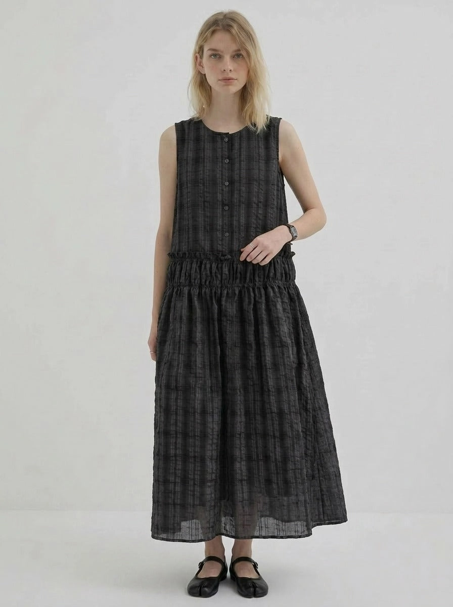 Textured Plaid Midi Dress – Soft Structure Flow-SimpleModerne