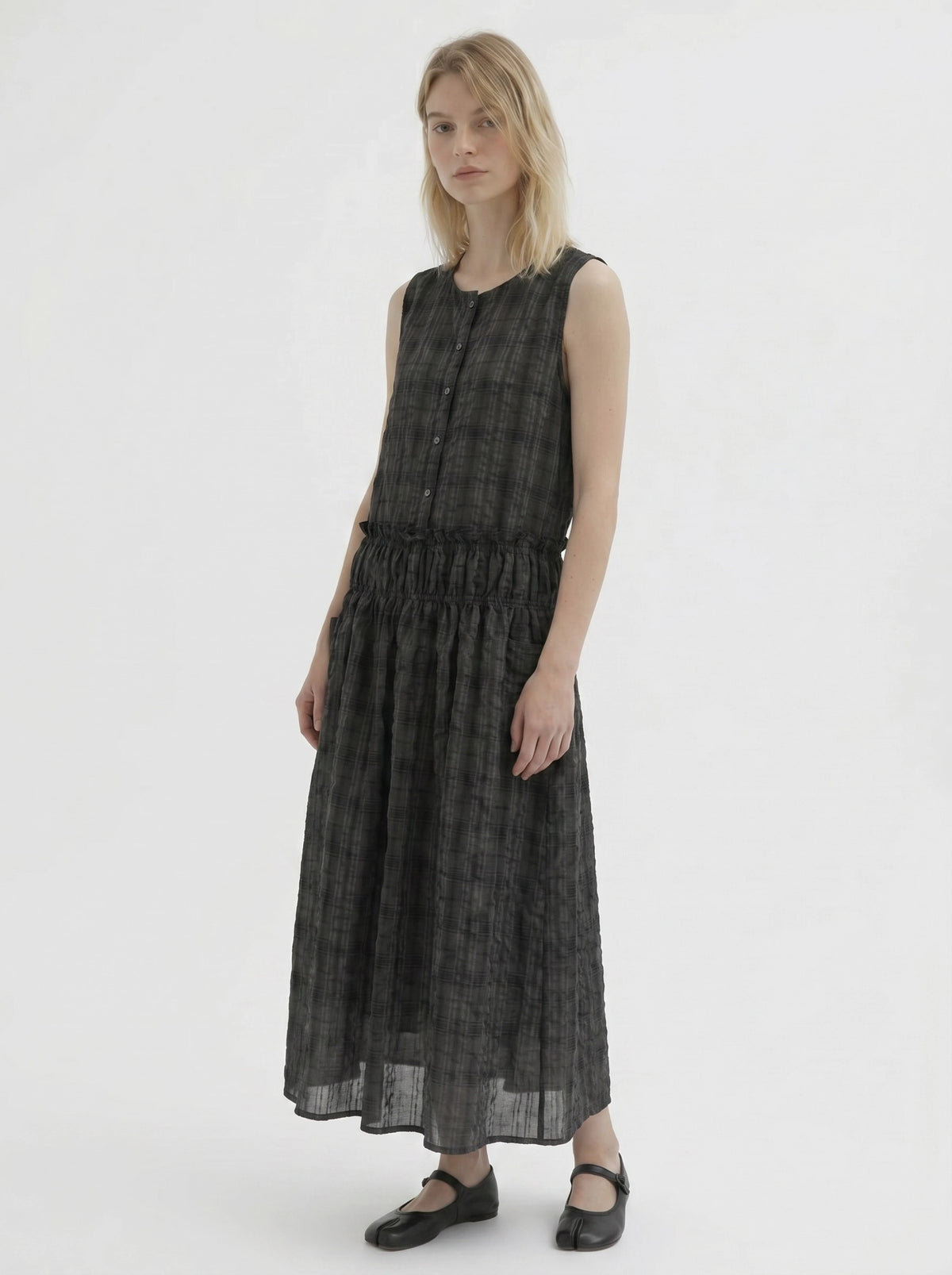 Textured Plaid Midi Dress – Soft Structure Flow-SimpleModerne