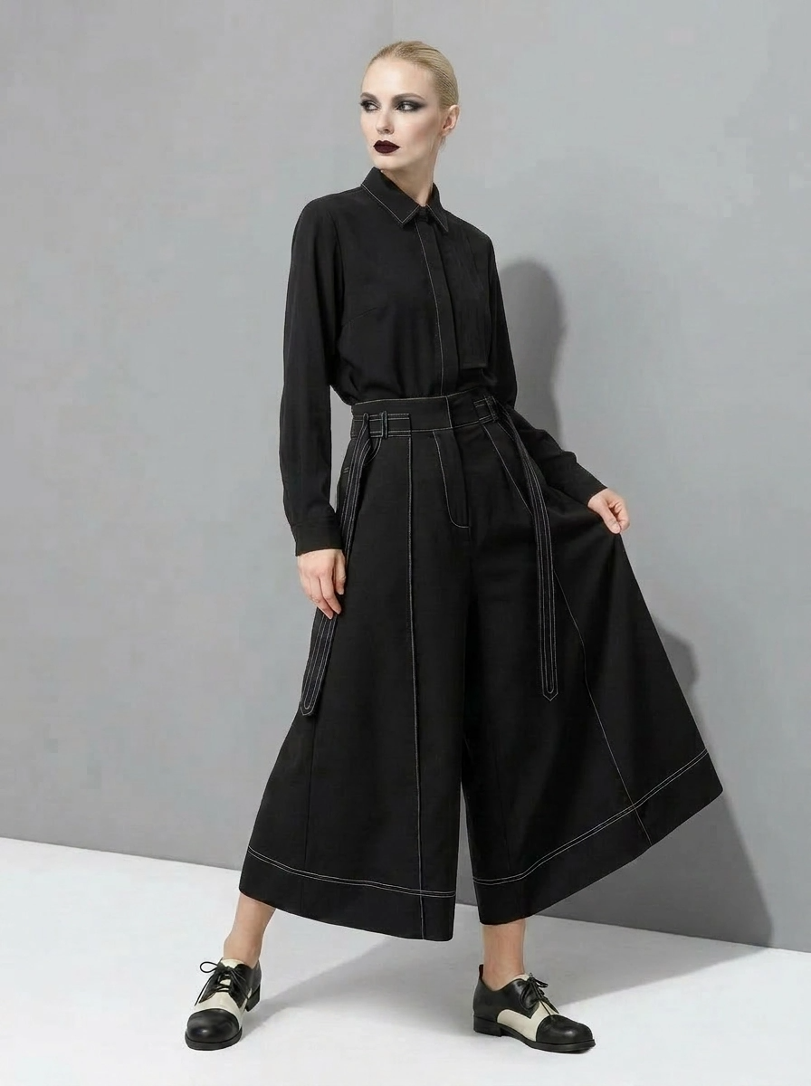 Wide-Leg Capri Culottes with Belt Detail-SimpleModerne