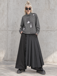 Grey Check Patchwork Shirt | Alternative Graphic Blouse-SimpleModerne
