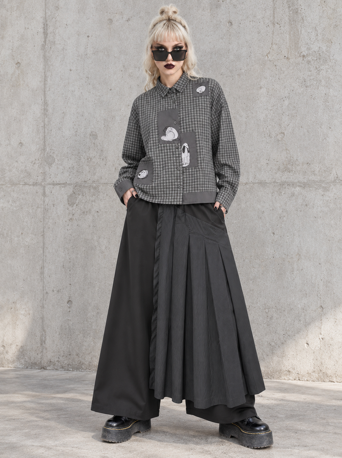 Grey Check Patchwork Shirt | Alternative Graphic Blouse