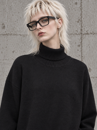 Black Wave Hem Turtleneck Pullover-SimpleModerne