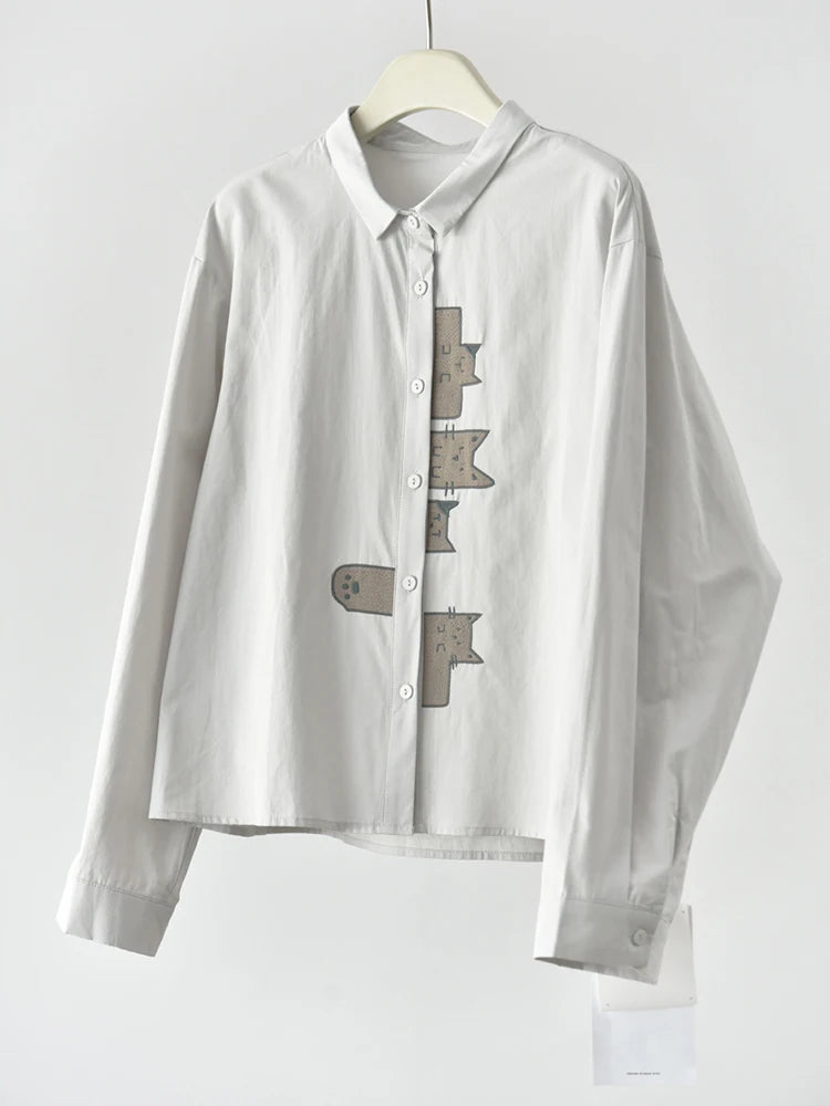 Playful Cat Print Shirt Blouse-SimpleModerne