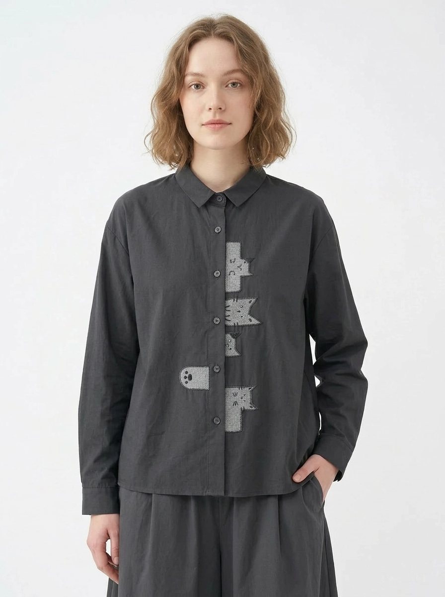 Playful Cat Print Shirt Blouse-SimpleModerne