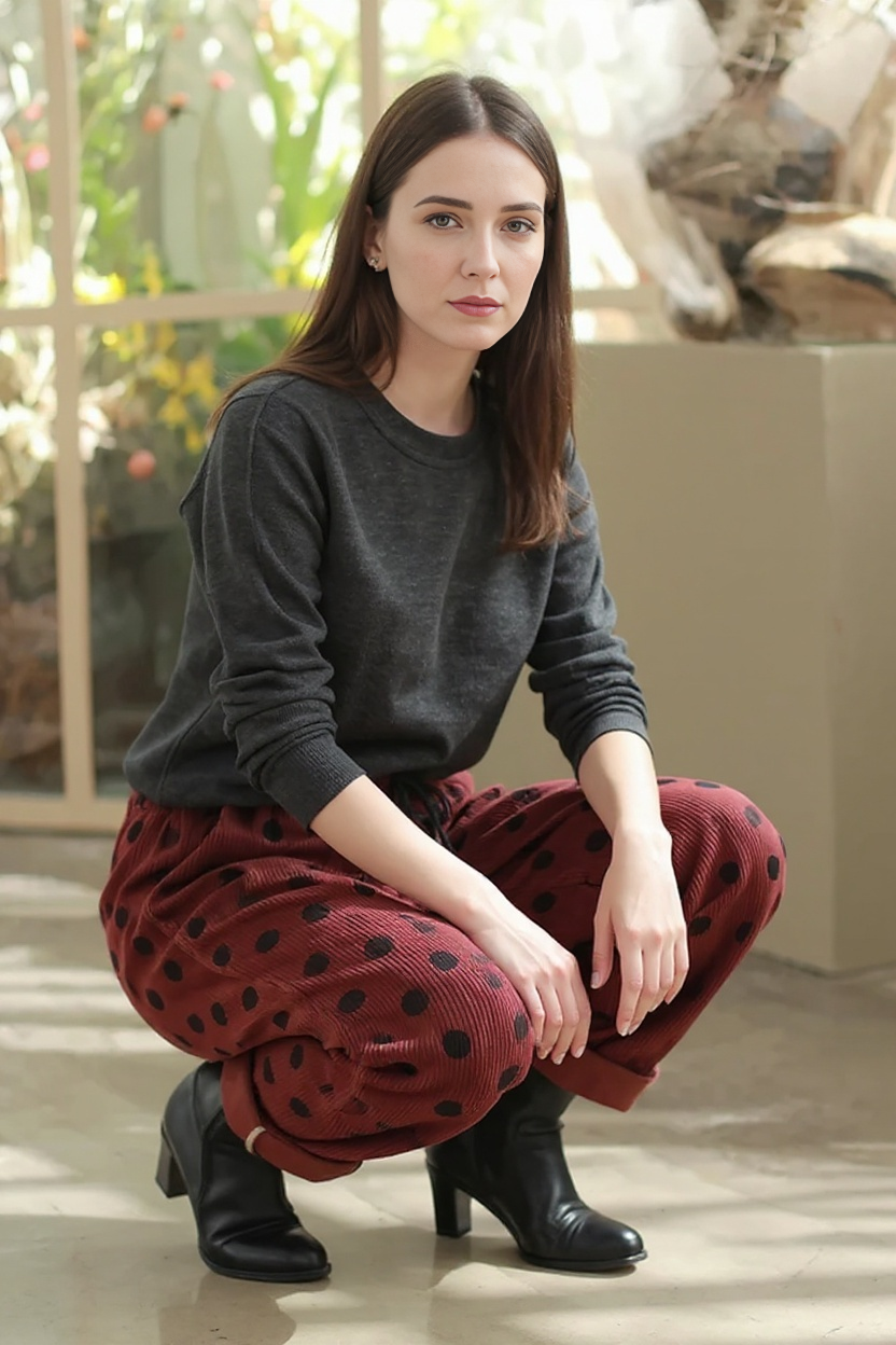 Polka Dot Corduroy Trousers – Relaxed Fit, Warm & Playful-SimpleModerne