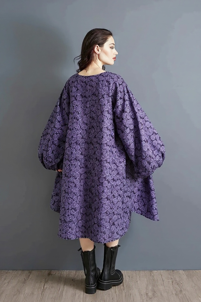 Purple Floral Lantern Sleeve Asymmetrical Dress - Elegant Winter-Ready Design-SimpleModerne